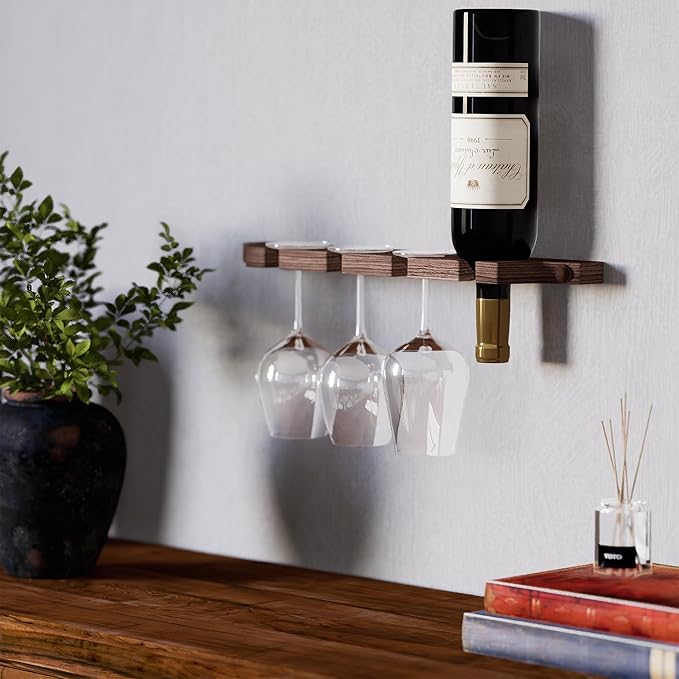 Rustic State Suvla Wall Mounted Wood Stemware Rack Hanging Shelf Glassware Holder Bar Organizer with 8 Wine Glass Storage 17 Inch Long Walnut-Ruum Studio Home