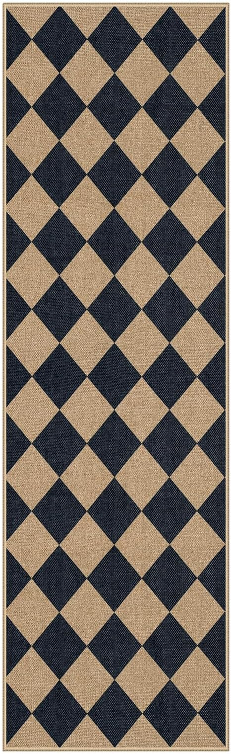 Lahome Checkered Easy Jute Runner Rug, 2x8 Hallway Kitchen Runner Rug Non Slip Washable Outdoor Carpet for Entryway Indoor, Checkerboard Black Indoor Outdoor Carpet for Hallway 8ft Entry-Ruum Studio Home
