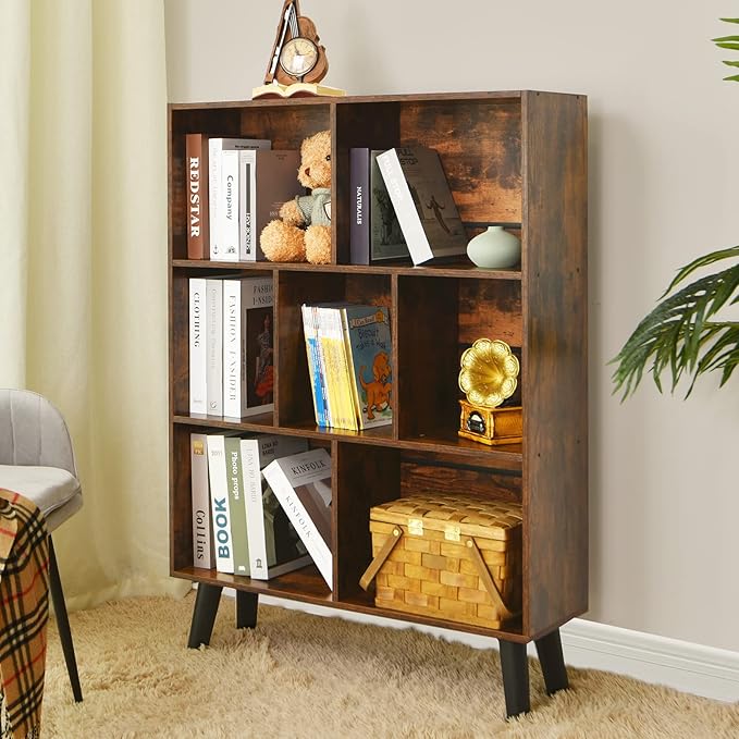 LEYAOYAO Cube Bookshelf 3 Tier Mid-Century Rustic Brown Modern Bookcase with Legs,Retro Wood Bookshelves Storage Organizer Shelf,Freestanding Open Book Shelves for Bedroom,Living Room,Office-Ruum Studio Home