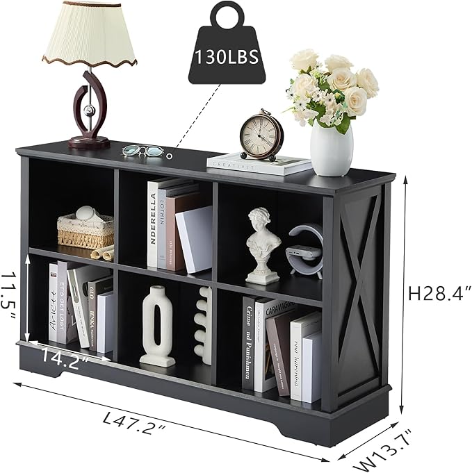 Farmhouse 6 Cube Bookshelf, Black Storage Organizer Bookcase, Kids Toy Storage Cabinet, Long Bookshelves Storage Organizer Shelf, Wood Display Cabinet Book Shelves for Bedroom,Living Room,Office-Ruum Studio Home