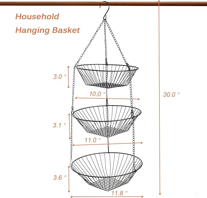 3-Tier Wire Fruit Hanging Basket 2 Packs,non-Punching Wall Hanging Storage,Kitchen Bathroom Organization Basket,Suitable for Bathroom,Kitchen,Closet,Garden,Black-Ruum Studio Home