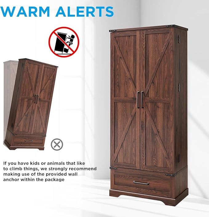 72‘’ Farmhouse Kitchen Pantry Cabinet with Drawer, Tall Storage Cabinet with 2 Barn Doors and Shelves, Versatile Large Rustic for Dining Room, Bathroom, Living Room, Laudry, Brown-Ruum Studio Home