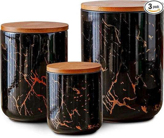 Ceramic Canister Set with Bamboo Airtight Lids, 3-Piece Kitchen Storage Jars (48oz, 30oz, 12oz) – Black with Gold Marble Pattern, Glossy Finish, for Coffee, Sugar, Flour & More-Ruum Studio Home