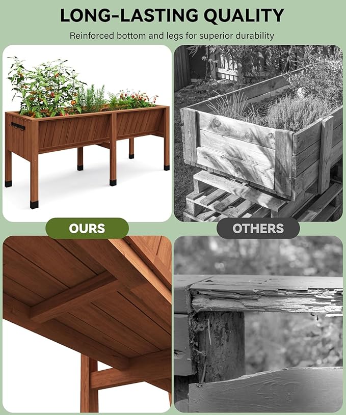 72x26x31 Inch Raised Garden Bed with Legs, 13.7In Depth Wooden Planter Box for Outdoor Growing Vegetables and Herbs, Elevated Garden Bed with Hooks for Backyard, Patio, Balcony-Ruum Studio Home
