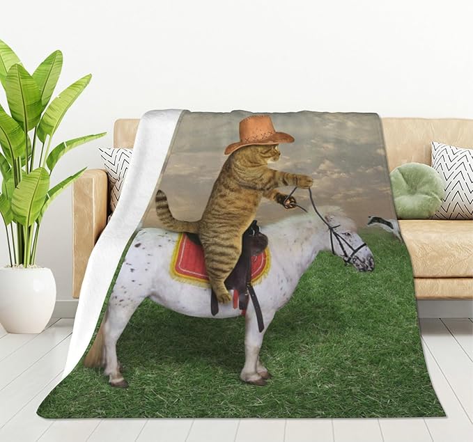 HGOD DESIGNS Funny Cat Throw Blanket Ultra Soft Warm All Season The Cat Cowboy on a Horse Decorative Fleece Blankets for Bed Chair Car Sofa Couch Bedroom 40"X50"-Ruum Studio Home