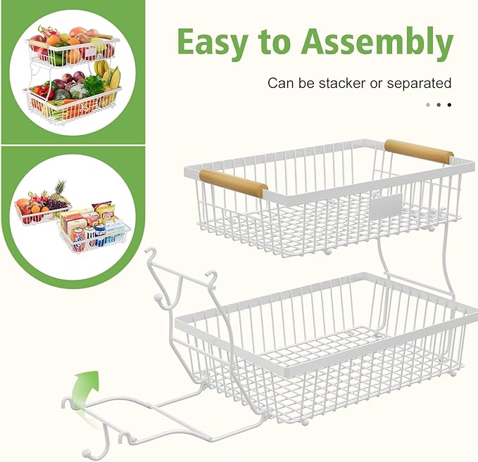 2 Tier Fruit Basket for Kitchen Counter with 2 Banana Hangers, Countertop Metal Fruit Bowl with Wooden Handle, Large Storage Stand for Vegetables, Snacks, Breads, Produce Storage – White-Ruum Studio Home
