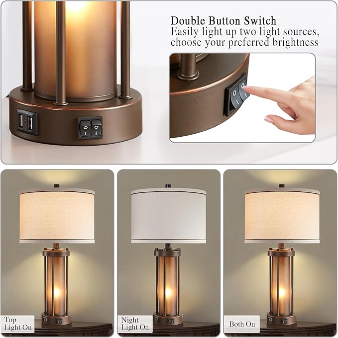 Farmhouse Table Lamps for Living Room with 2 USB Charging Ports, Vintage Rustic Nightstand Lamp with Amber Glass Nightlight, Retro Desk Lamp for Bedroom Entryway, 2 Bulbs Included-Ruum Studio Home