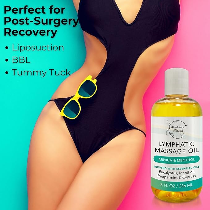 Lymphatic Drainage Massage Oil for Massage Therapy | Premium Quality, 100% Natural with Arnica Eucalyptus & Menthol | for Post Surgery Recovery & Detox | 8oz by Brookethorne Naturals-Ruum Studio Home