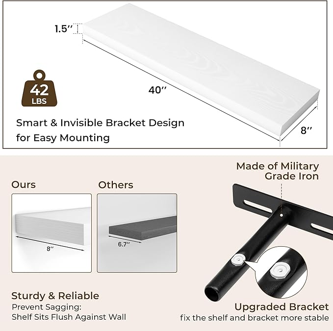 RICHFOCUS 40Inch Floating Shelves for Wall 2 Pack Shelves for Bedroom|Kitchen|Bathroom Wall Mounted Rustic Wood Floating Shelf with Invisible Brackets for Books|Storage|Decor, White-Ruum Studio Home