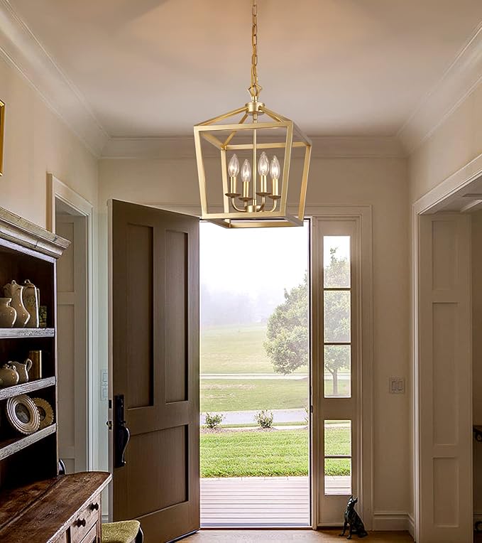 AMZASA Gold Lantern Chandelier Hanging Pendant Light Fixture 4-Lights for Kitchen Island Dining Room Hallway Entryway Foyer UL Listed-Ruum Studio Home