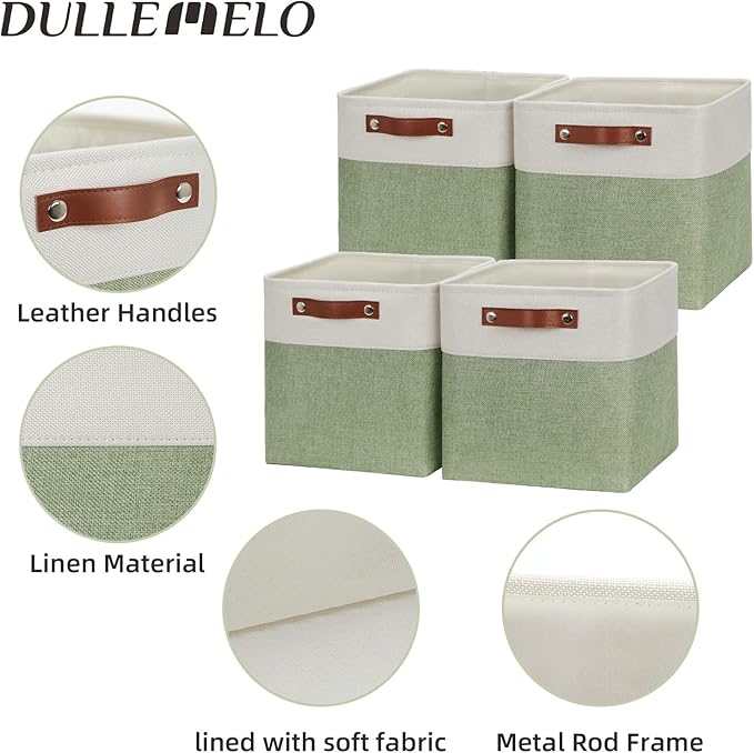 DULLEMELO Storage Baskets for Organizing, Fabric Storage Cubes for Dog Toy Box, 11 Inch Decorative Cube Storage Bins with handle for Baby Gift Basket(4 Pack - 11" White&Green)-Ruum Studio Home