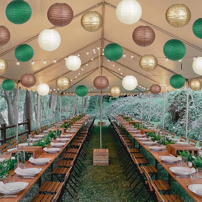 Paper Lanterns Green Brown Gold Round Hanging Chinese Lanterns for Birthday Party Gender Neutral Woodland Baby Shower Decorations Pack of 12-Ruum Studio Home