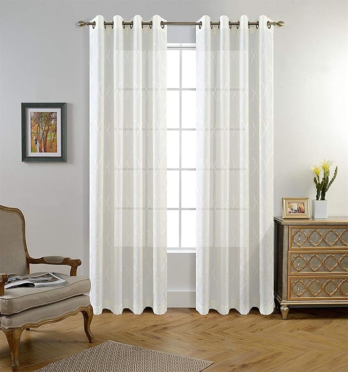 MIUCO Moroccan Embroidered Semi Sheer Curtains Faux Linen Grommet Window Curtains for Bedroom Living Room 84 Inches Long 2 Panels, Pure White-Ruum Studio Home