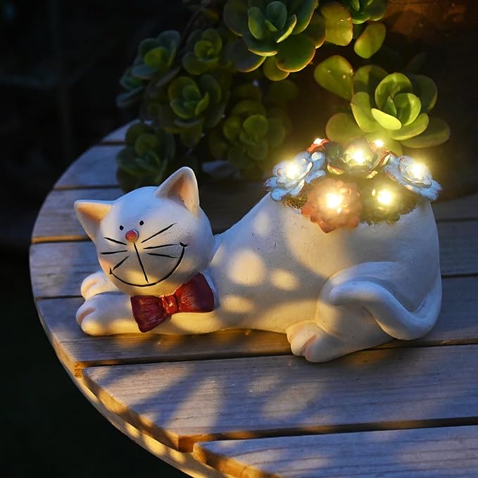 Cat Garden Figurines Outdoor Decor Solar Statue with Succulent and LED Lights for Patio Lawn Yard Art Decoration Housewarming Garden Gift-Ruum Studio Home