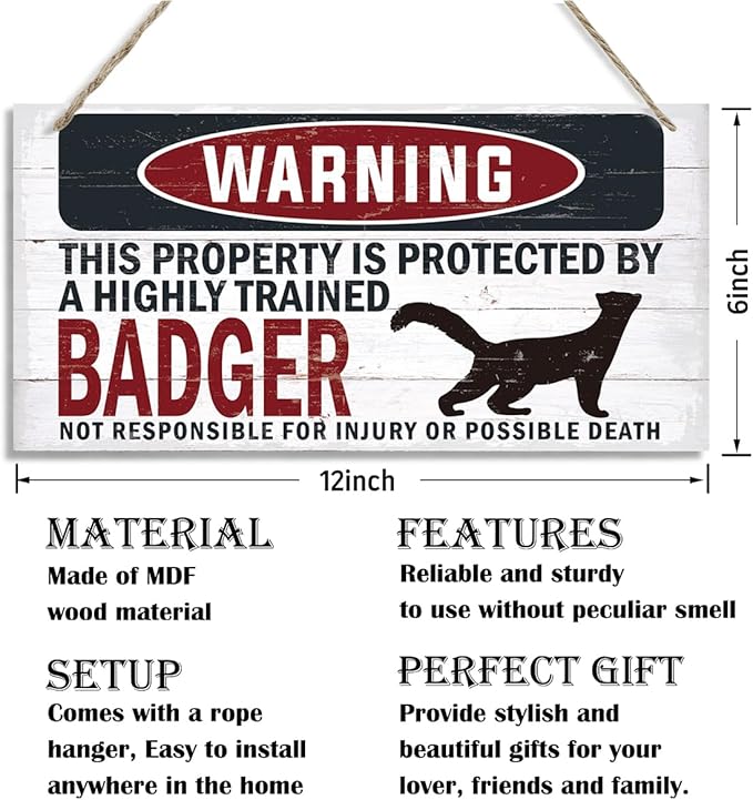Warning Sign, Badger Warning Wood Plaque Sign, Funny Door Signs, Decorative Wood Hanging Suspension Plaque, Farmhouse Wooden Wall Decor, Outdoor Hanging Wooden Signs-Ruum Studio Home