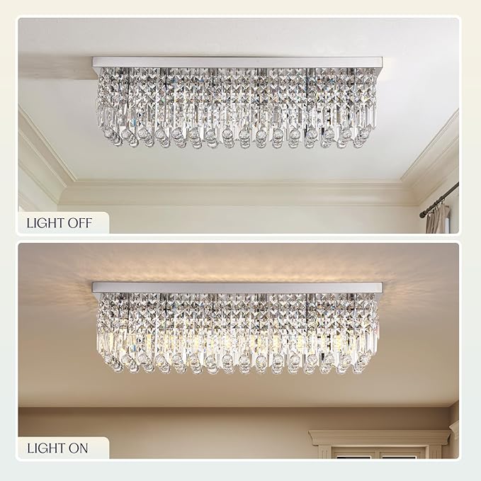 Rectangular Chandelier, Flush Mount Rectangle Chandelier Modern K9 Crystal Chandeliers Light Fixture, 6-Lights Raindrop Crystal Pendant Ceiling Light for Dining Room Bedroom Bar Club L31.5 Inch-Ruum Studio Home