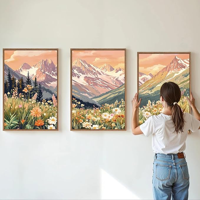 SIGNINART Vintage Floral Framed Canvas Wall Art Set, Large Mountains Nature Landscape Wall Decor, Bohemian Wildflower Forest Artwork, Pink Ridge Art Printing for Living Room Bedroom Office 16"x24"x3-Ruum Studio Home