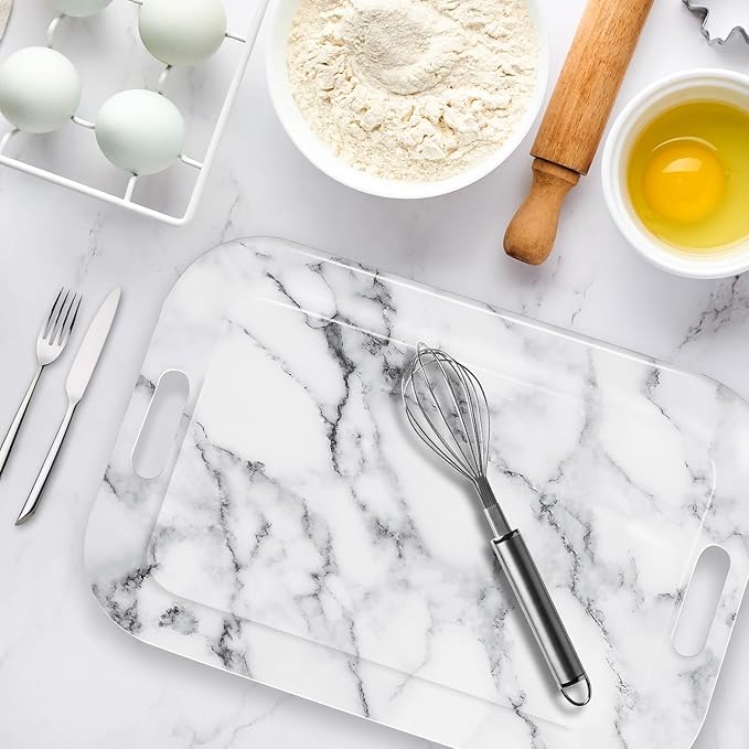 Serving Trays with Handles, 14.5 x 9.8 inch Rectangular Plastic Tray for Restaurant, Kitchen, Gray White Marble-Ruum Studio Home