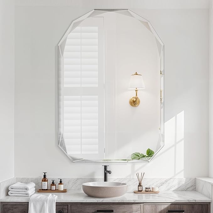 Bathroom Mirror for Wall, 26" x 38" Arched Mirror, Bathroom Vanity Mirror, Beveled Edge Frameless Wall Mount Vanity Mirrors, Wall Mirrors Decorative, Irregular Beveled Edge Mirror-Ruum Studio Home