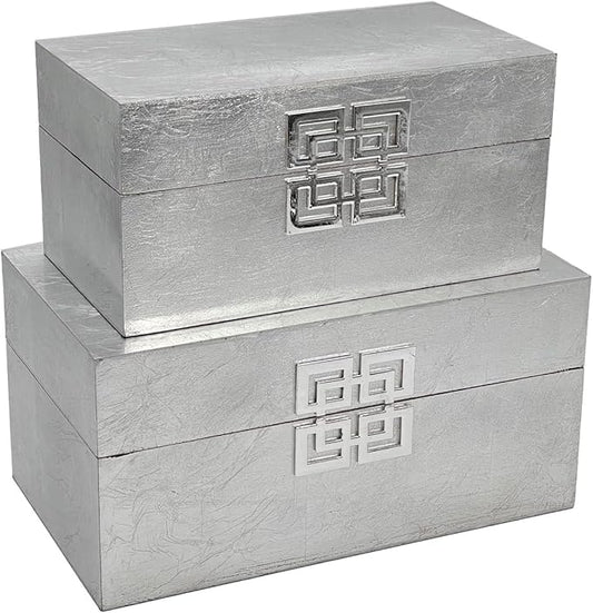 Galt International Storage Box Set Decorative Storage Box w/Hinged Lid Classic Design Wood Decor Boxes with Geometric Clasp Storage for Bedroom & Home - Set of 2 (Silver)-Ruum Studio Home