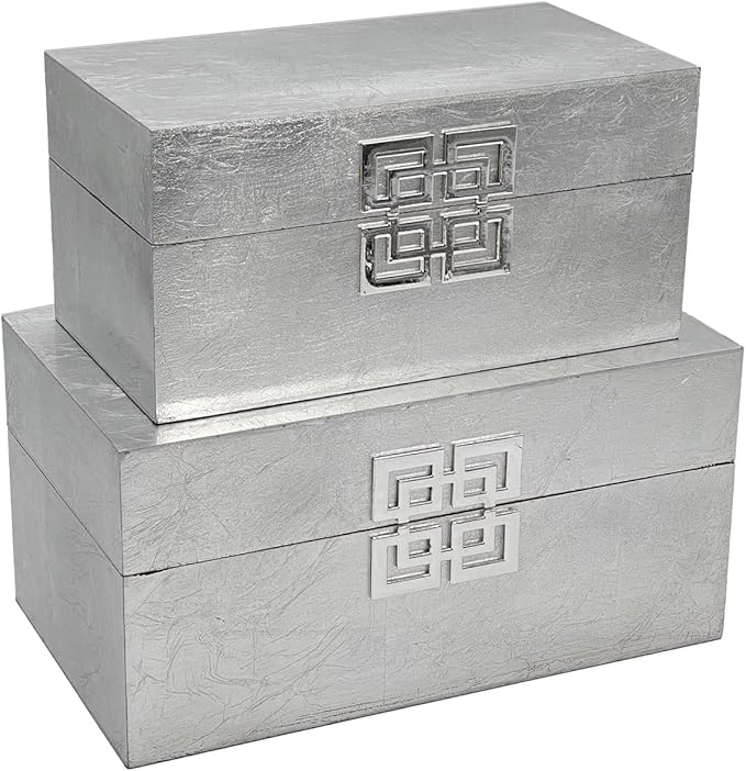 Galt International Storage Box Set Decorative Storage Box w/Hinged Lid Classic Design Wood Decor Boxes with Geometric Clasp Storage for Bedroom & Home - Set of 2 (Silver)-Ruum Studio Home