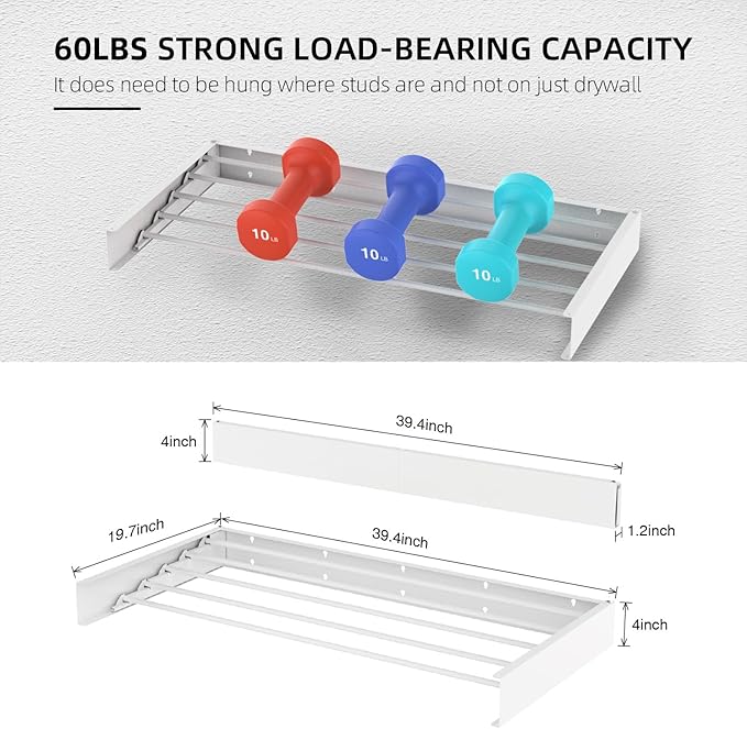 Laundry Drying Rack Collapsible, Wall Mounted Clothes Drying Rack, Space Saving Drying Rack for Laundry, 40" Wide, 16.5 Linear Ft, 5 Aluminum Rods, 60 lb Capacity (White 40")-Ruum Studio Home