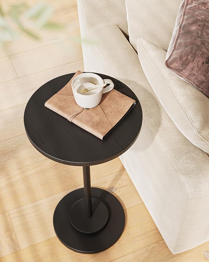 Masupu Drink Table, Round Side Table for Small Spaces, Pedestal Side Table, Small End Table with Metal Base, for Living Room, Bedroom, Bathroom, Black-Ruum Studio Home