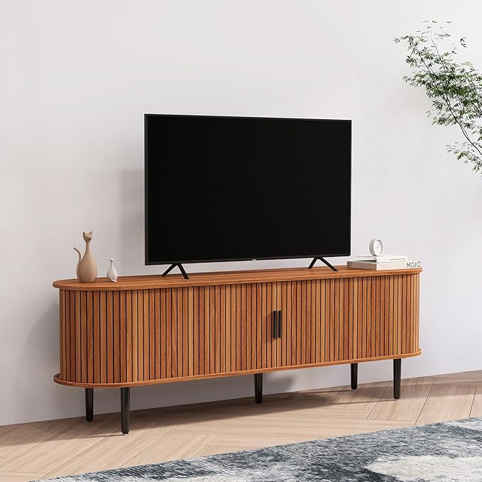 Bonzy Home 70" Mid Century Modern TV Stand, Tambour Entertainment Center with Storage, Long Media Console Television Stand with Metal Legs for up to 75'' TV, Walnut-Ruum Studio Home