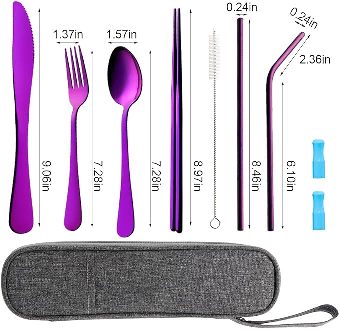 Travel Utensils Set with Case Reusable Portable Cutlery Set Stainless Steel 8pcs Including Dinner Knife Fork Spoon Chopsticks straws (Purple)-Ruum Studio Home