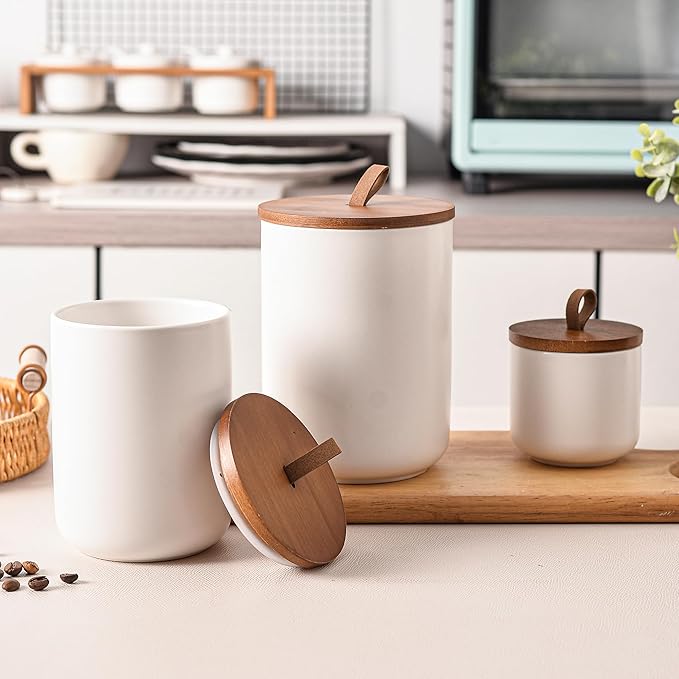 White Ceramic Canister Set with Bamboo Lids, 3-Piece Airtight Food Storage Jars for Kitchen - Flour, Sugar, Coffee, Tea, Spice - Small, Medium, Large Sizes-Ruum Studio Home