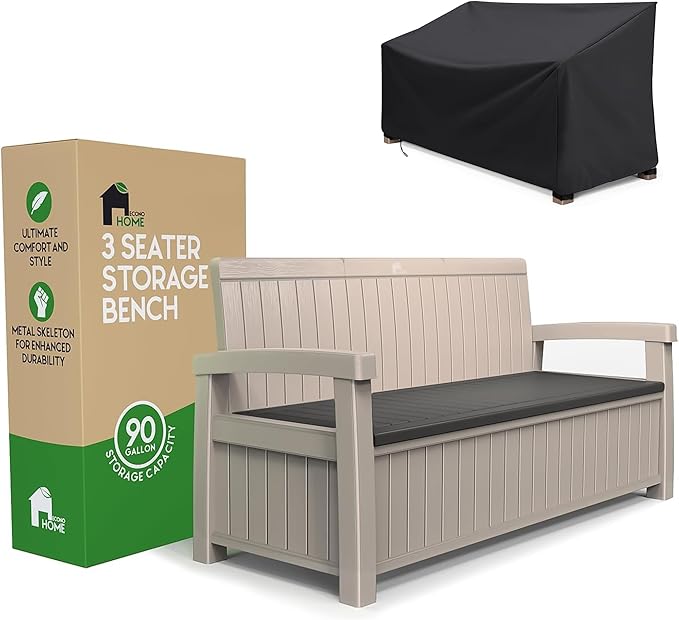 EconoHome 3 Seat Outdoor Storage Bench with Rain Cover - 90 Gallon Capacity - Weatherproof Resin Bench for Patio, Porch, Garden, Yard, Pool Area - Furniture for Pool Accessories, Gardening Tools-Ruum Studio Home