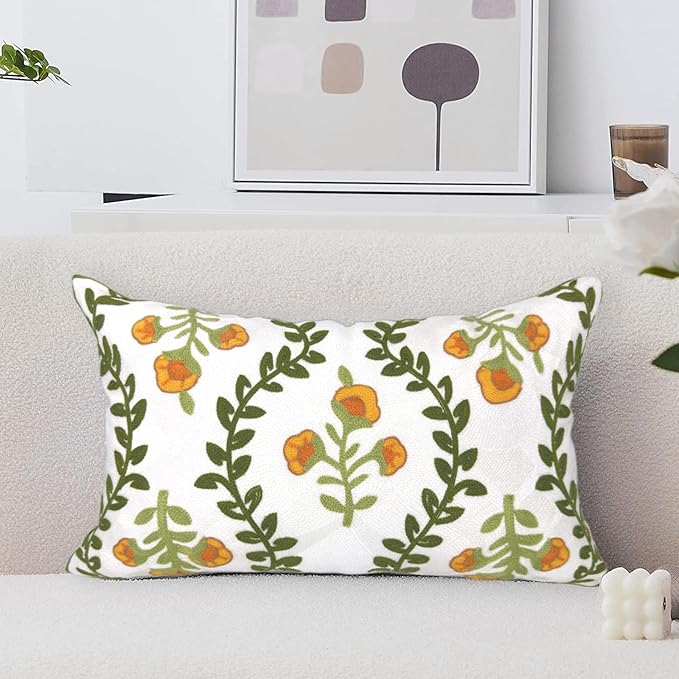 Alysheer Flower Embroidered Summer Decorative Lumbar Throw Pillow Cover 12"x 20", Farmhouse Cottage Orange Floral Green Leaves Patterned Cotton Canvas Cushion Case for Sofa Couch Bed Living Room-Ruum Studio Home