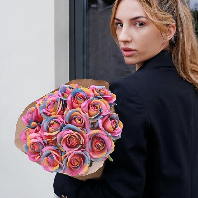 Rainbow Fake Roses Artificial Flowers - 16 Pcs Fake Artificial Roses Silk Flowers with Stems for Home Wedding Hotel Office Centerpiece Decor（Rainbow）-Ruum Studio Home