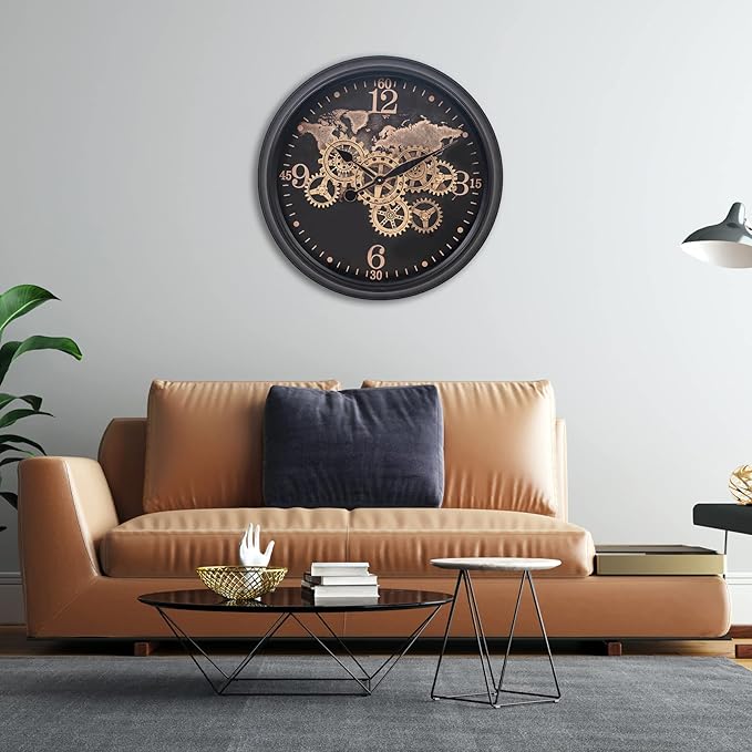 CLXEAST 24 Inch Moving Gear Wall Clock with World Map Pattern,Large Black Gold Metal Wall Clock for Modern Farmhouse Living Room Decor,Reloj De Pared para Sala-Ruum Studio Home