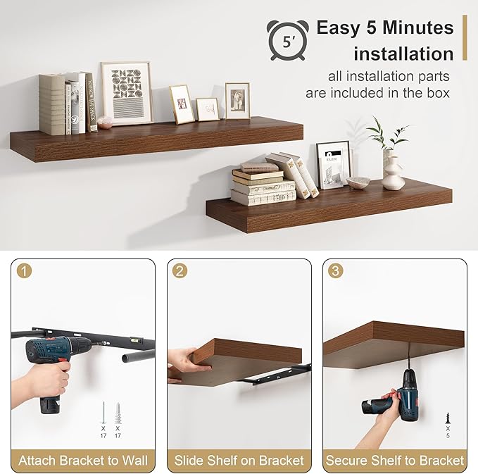 Heimlove Walnut Bathroom Shelves Floating Shelves for Wall Shelf Over Toilet Long Wall Mounted Modern Farmhouse,48 x 12 Wall Shelves with Invisible Brackets for Living Room, Kitchen, Bedroom-Ruum Studio Home