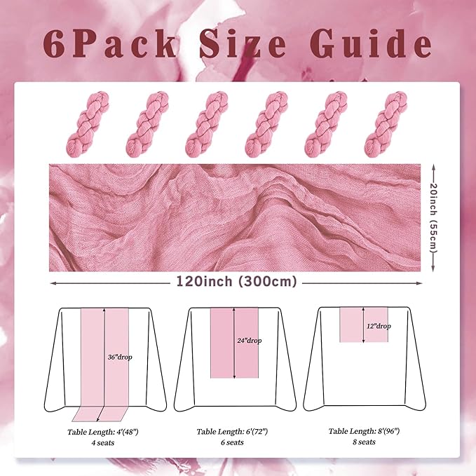 6 Pack Dusty Rose 10FT Cheesecloth Table Runner 20 x 120 Inch Long Rustic Gauze Fabric Cheese Cloth Table Runner for Wedding Bridal Baby Shower Table Decorations Boho Sheer Birthday Party Table Decor-Ruum Studio Home