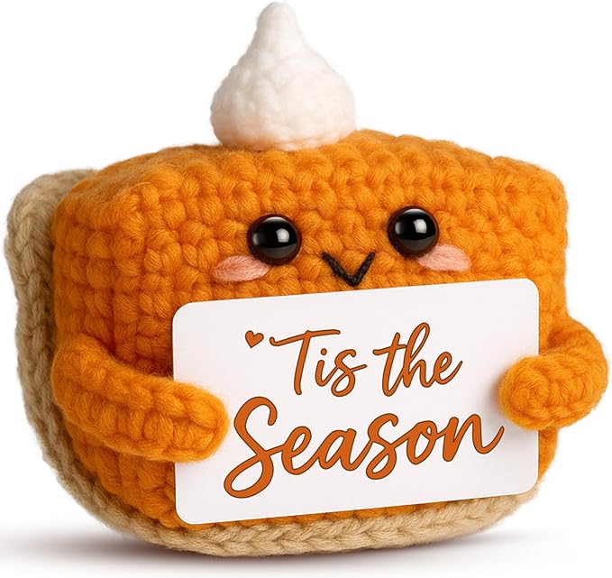 Tis The Season Fall Decor | Mini Crochet Pumpkin Pie Plush | Small Handmade Autumn Halloween Thanksgiving Items for Home Office Indoor Table Decoration Christmas Stocking Stuffer Ornament-Ruum Studio Home