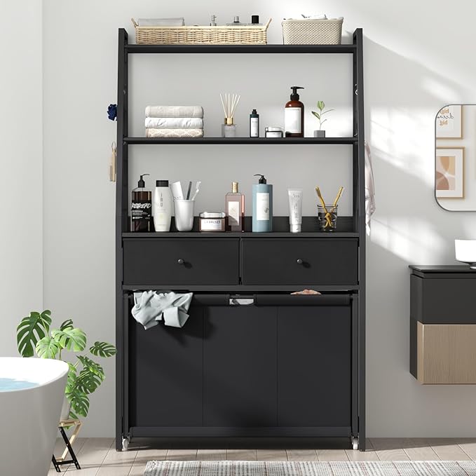 Laundry Hamper Laundry Basket with 3 Section Pull-Out Rolling Bags & 2-Tier Storage Shelf, Laundry Sorter for Organization and Storage with 2 Drawers for Laundry Room, Bathroom-Ruum Studio Home