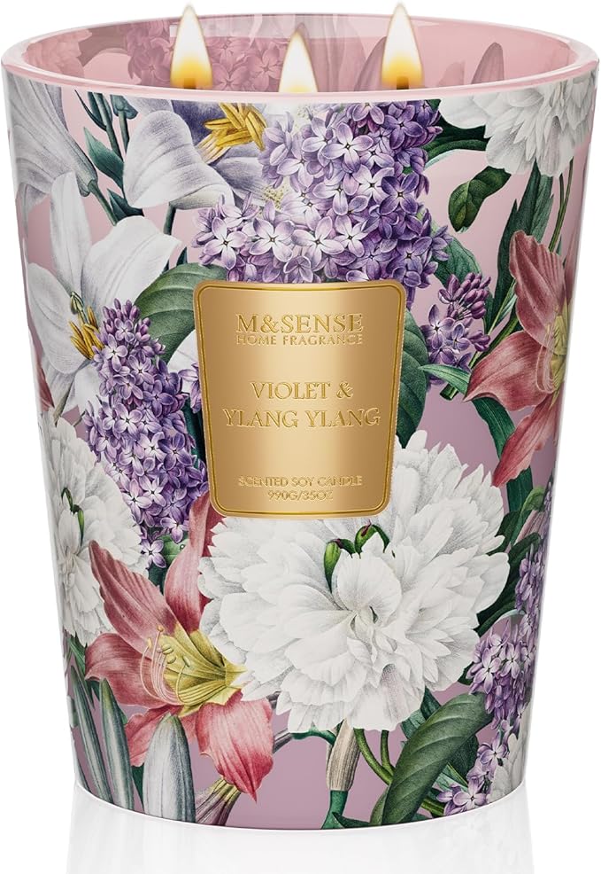 M&SENSE Violet YlangYlang Scented Candle, 3 Wick Soy Natural Wax Candles, 35oz 150H Long Lasting, Aromatherapy Sleep Calm Home Fragrance for Women Men-Ruum Studio Home