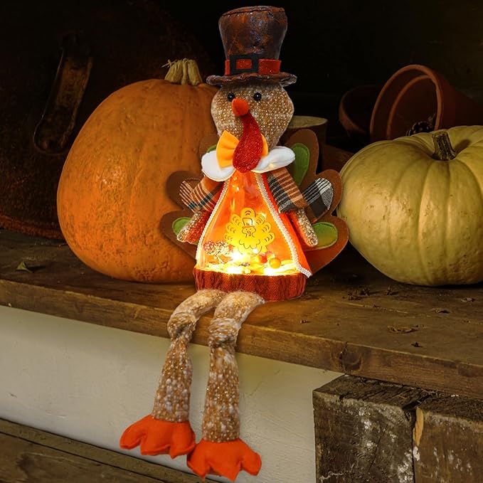 Lighted Christmas Doll, Plush Light Up Christmas Doll Toy Holiday Present, Battery Operated Xmas Gifts Winter Mantle Tabletop Decor (Brown Thanksgiving Turkey 16in)-Ruum Studio Home