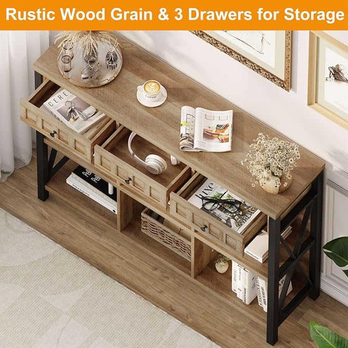 FATORRI Rustic 6 Cube Storage Organizer Shelf with 3 Drawers, Long Horizontal Bookshelf, Industrial Wood and Metal Cubby Bookcase for Living Room (Rustic Oak, 47 Inch)-Ruum Studio Home