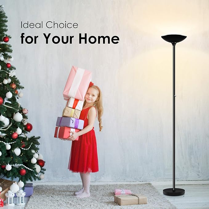BoostArea Torchiere Floor Lamp, 30W Super Bright LED Standing Lamp, Stepless Dimmable Pole Lamp with 3000K Lighting, Rotary Switch, 70 Inch Tall Metal Modern Floor Lamps for Living Room/Bedroom Black-Ruum Studio Home