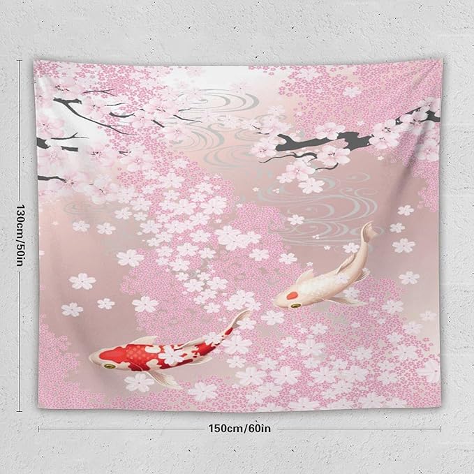 Houselerax Japanese Koi Fish Tapestry, Cherry Blossoms Asian Oriental Pink Flower Branch Koi Fish Carp Tapestries Wall Hanging for Bedroom Living Room Office Decor 60"x50"-Ruum Studio Home