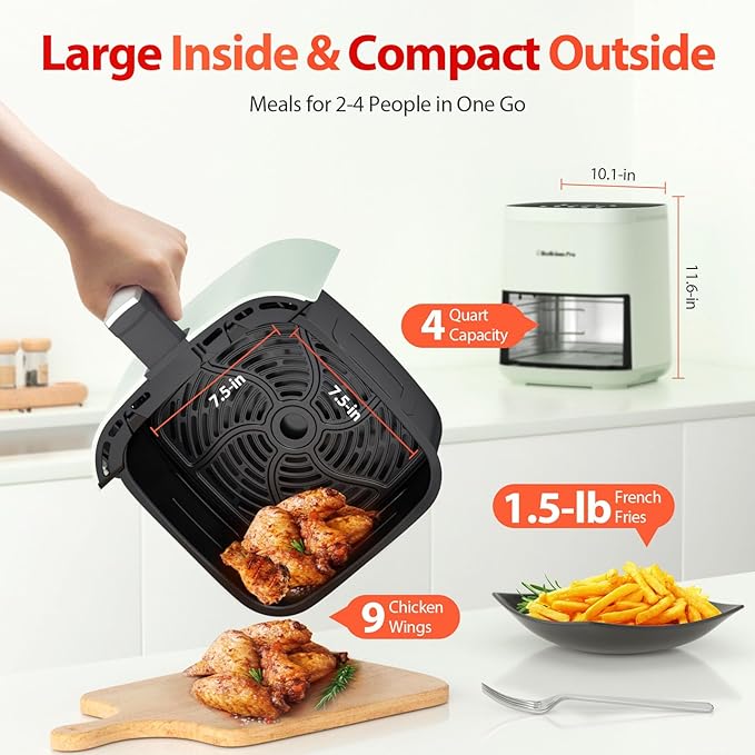 Air Fryer, Beelicious 8-in-1 Smart Compact 4QT Air Fryers, Shake Reminder,450°F Digital Airfryer with Flavor-Lock Tech,Tempered Glass Display, Dishwasher-Safe & Nonstick, Fit for 1-3 People, Avo Green-Ruum Studio Home