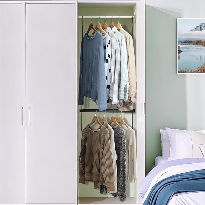 STORAGE MANIAC Hanging Closet Rod, Adjustable Width and Height Closet Hanging Organizer, Space-Saving Clothes Hanging Bar, Closet Extender Hanging Rod Double Closet Hanging Rod, 1 Pack Black-Ruum Studio Home
