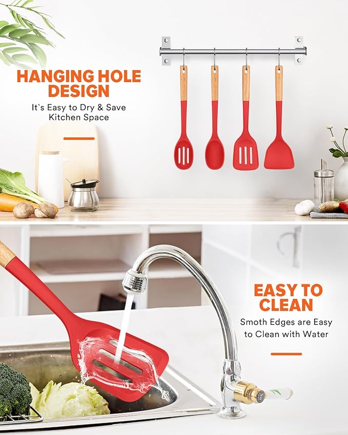Silicone Cooking Utensils Set, Perfectly Angled for Frying, Mixing,Serving,Draining,Turning and Stirring, BPA-Free Matte Silicone, Wood Handles, Safe for Nonstick Cooking Surfaces,4 Pack (Red)-Ruum Studio Home
