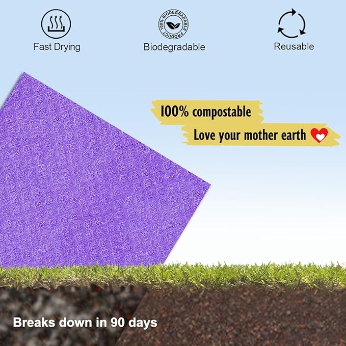 Swedish Dishcloths for Kitchen | 6 Pack Absorbent Cellulose Sponge Cloths Washable | Non-Scratch Reusable Paper Towels Quick Drying Cleaning Cloths - Purple-Ruum Studio Home