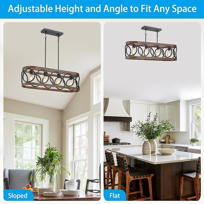 XINGQI Rectangular Linear Kitchen Island Chandeliers Over Table 32.7" Black Pendant Lighting Fixtures Farmhouse 4-Light for Dining Room Bar Office Coffee Shop, Black Wood Grain-Ruum Studio Home