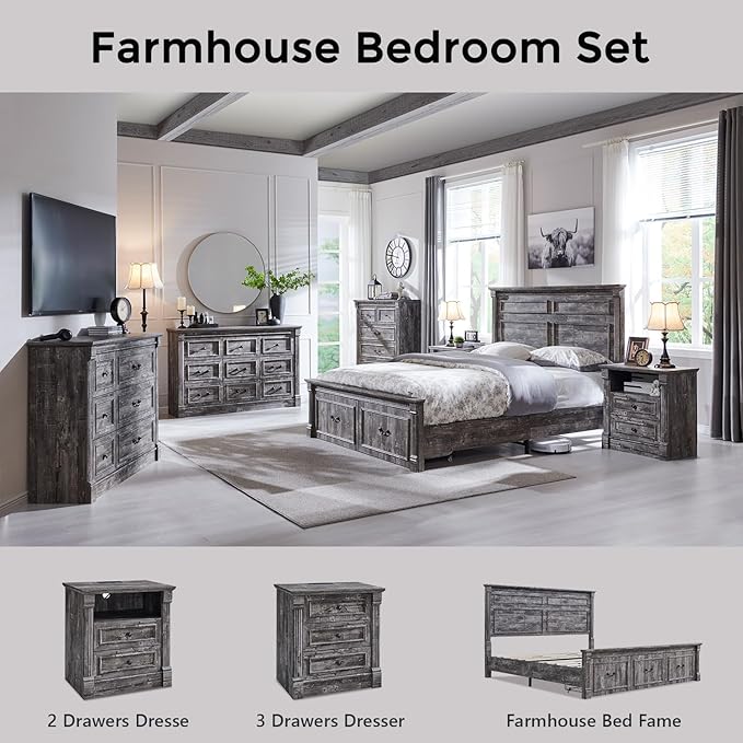 26" Tall Farmhouse Nightstand, 2 Drawers End Table w/Charging Station, 23.6" Wide Large Side Table w/Roman Column, Wood Rustic Sofa Table w/Open Shelf, Bedside Table for Bedroom, Light Gray-Ruum Studio Home