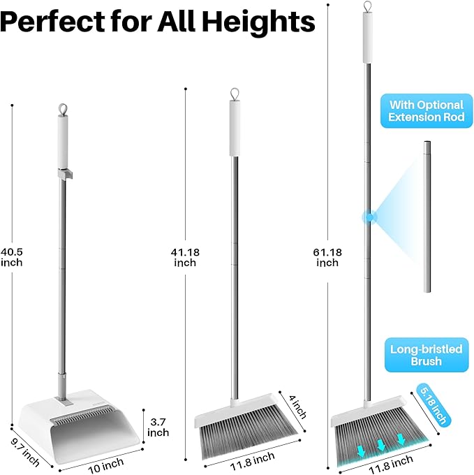 JOYMOOP White Broom and Dustpan Set, Upright Angle Design with Built-in Comb Teeth for Kitchen, Office, Pet Hair, Hard Floors-Ruum Studio Home